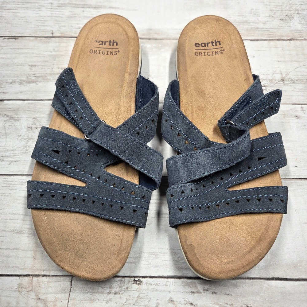 Earth Origins Etsuella Slide Sandal Leather Women 9.5W‎ Navy Blue Suede